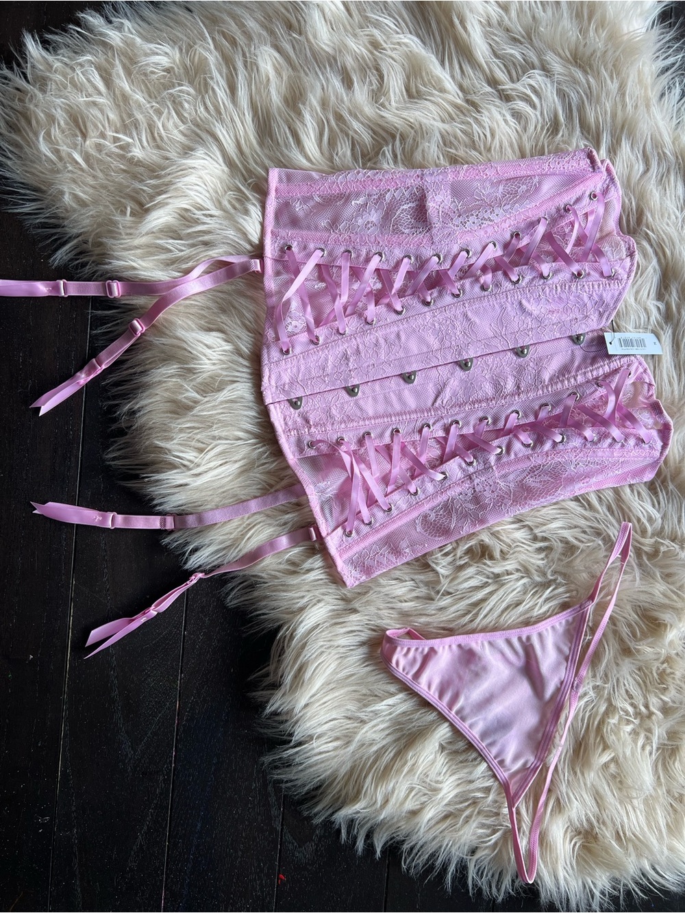 Adore Me Pink Lace Corset Set with Matching Thong